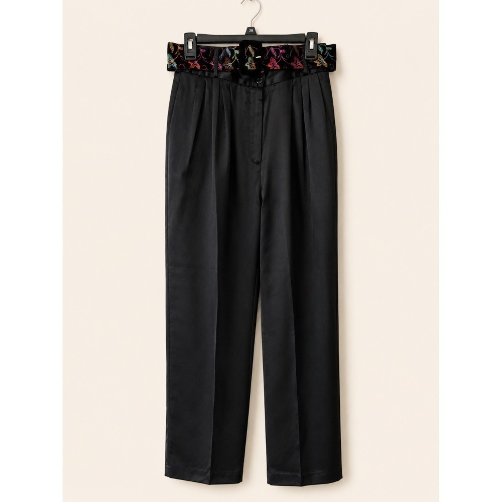 Carissa Jeffrey Womens Black Satin Wide Leg Trousers Pants Embroidered Belt 14